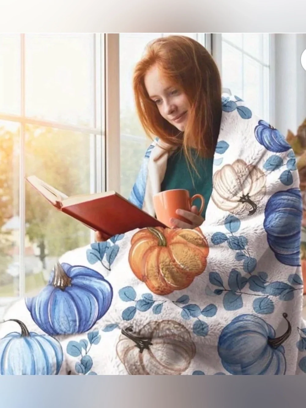 Autumn Blue Pumpkin & Eucalyptus Flannel Blanket